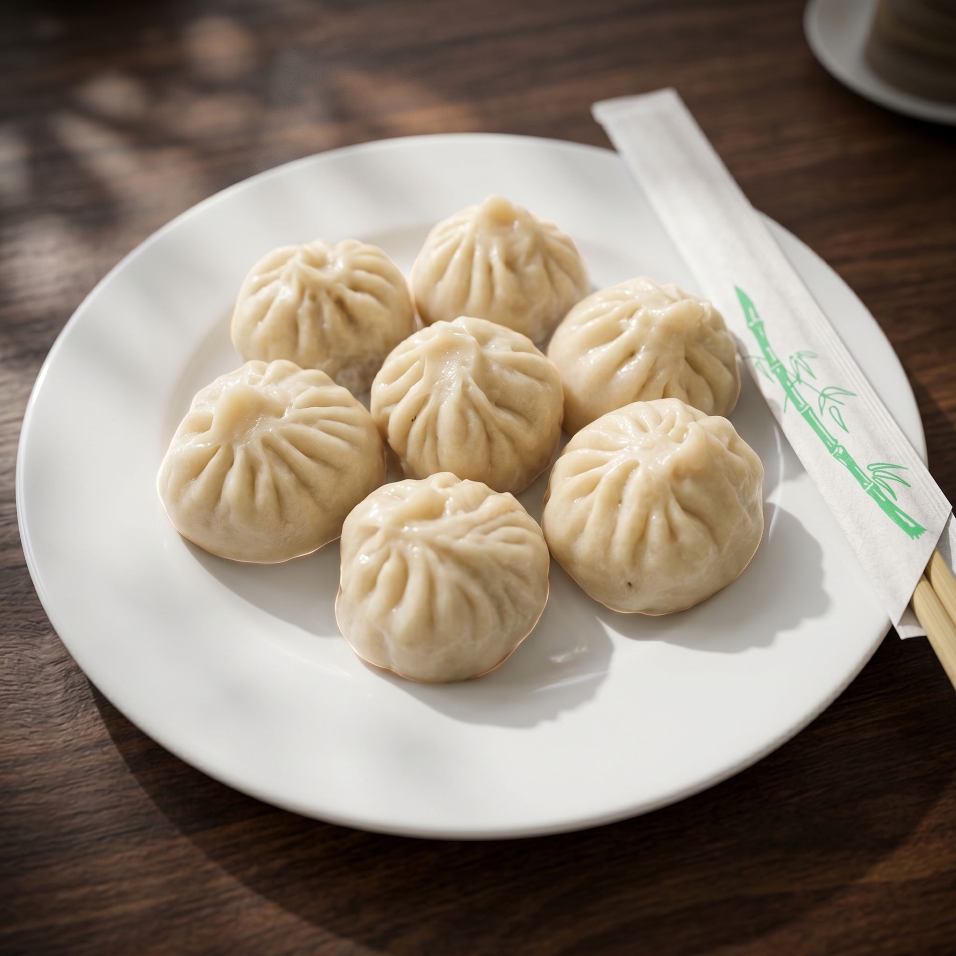 Six steamed dumplings on a white plate on a wooden table