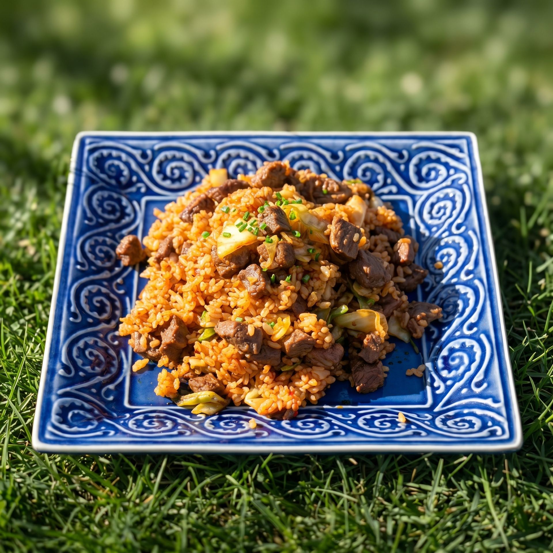 Blue square plate of rice and meat on grass, topped with herbs.