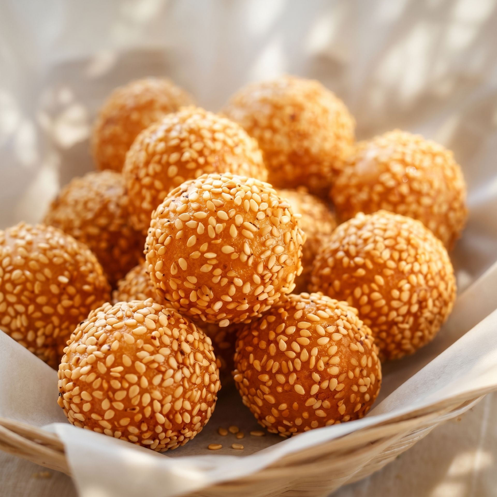 Sesame-covered fried balls in a basket on white parchment
