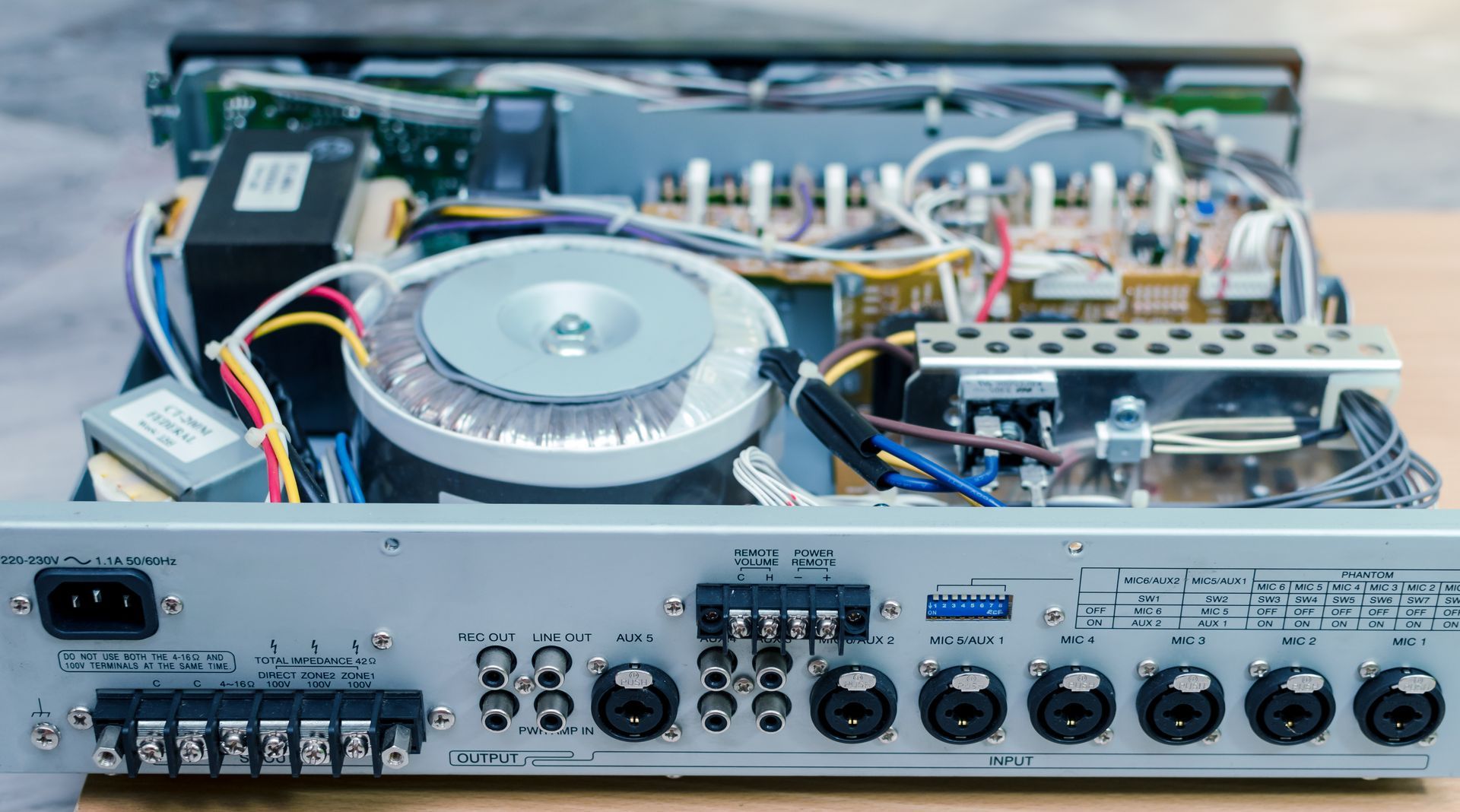 The inside of an amplifier is shown with a lot of wires coming out of it.