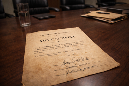 Reading of Amy Caldwell’s will in a small-town horror setting