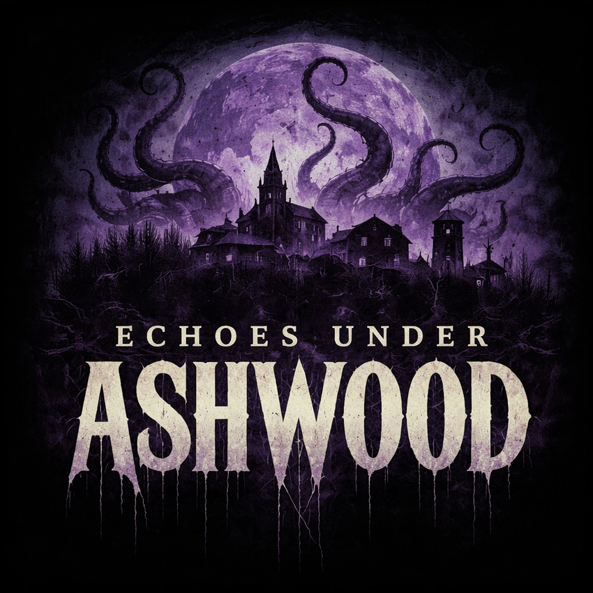 Five middle-aged friends standing on a forest road in Ashwood, Ohio from a Call of Cthulhu horror podcast