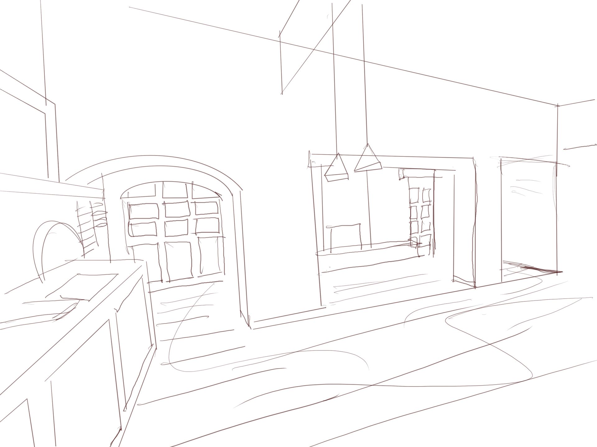 Disegno schematico di un interno cucina con porta ad arco, piano di lavoro con lavello e lampade a sospensione.