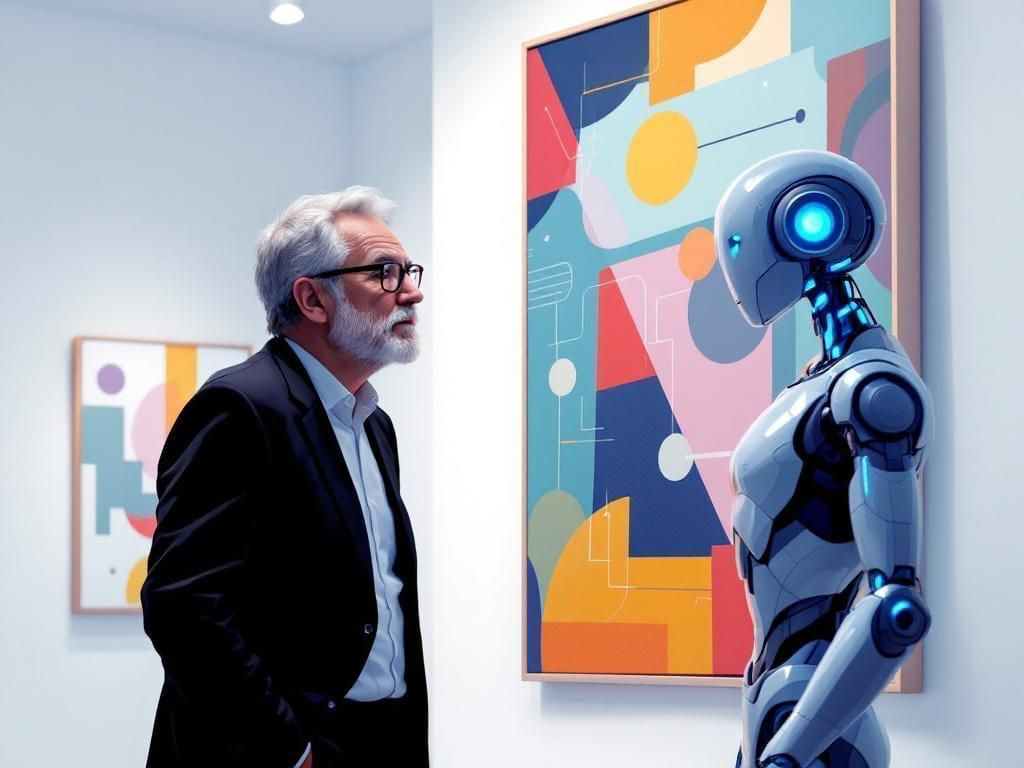 Una persona e un robot umanoide si trovano in una galleria, uno di fronte all'altro, mentre osservano un grande dipinto astratto e colorato.