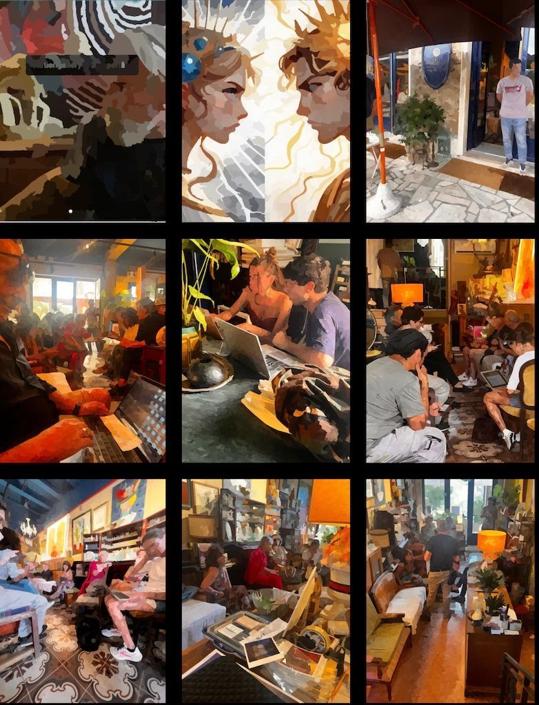 Un collage di nove pannelli che ritraggono persone riunite in un accogliente caffè o negozio scarsamente illuminato, con opere d'arte alle pareti e luci calde.