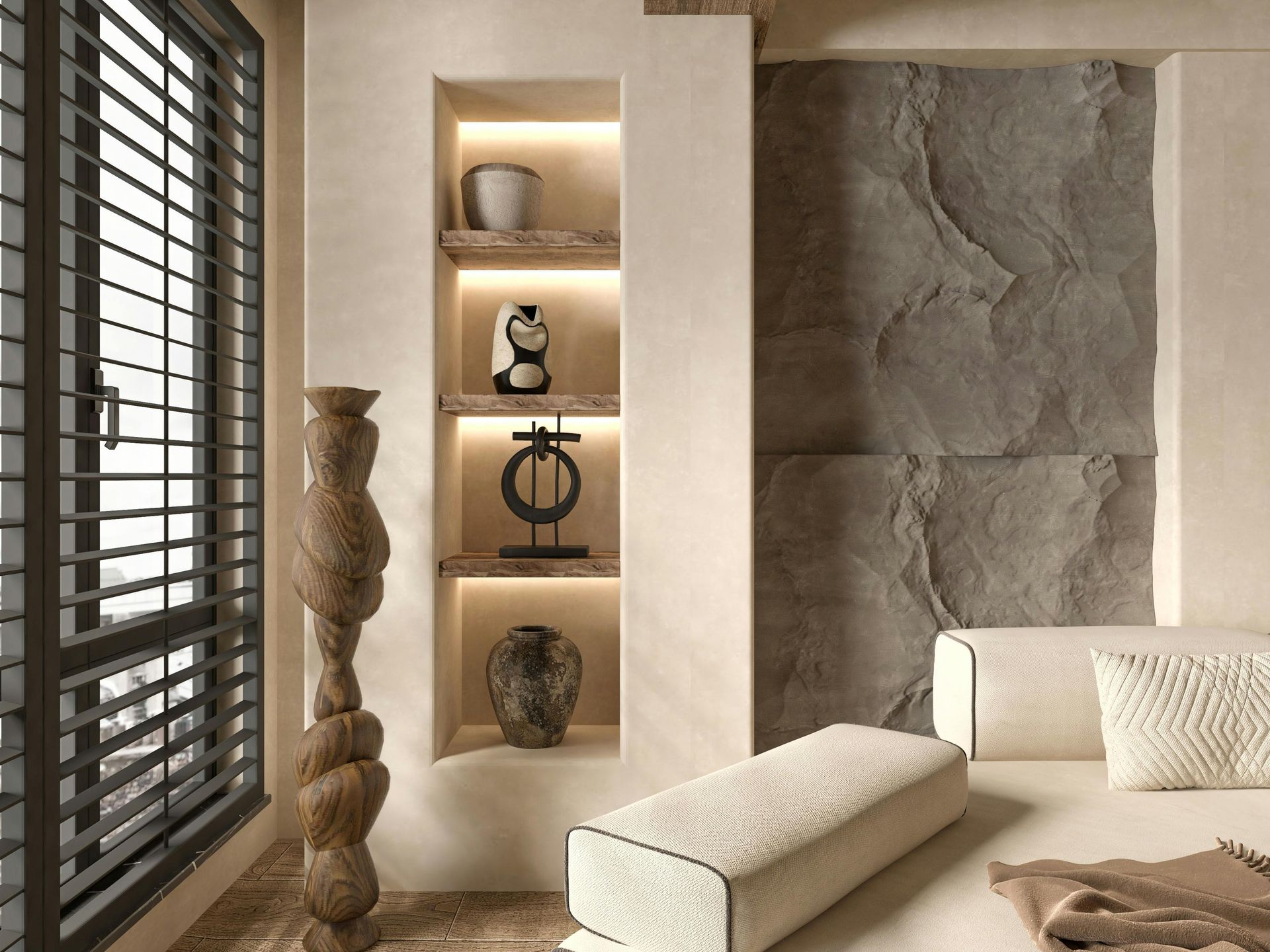 A living room with a couch , shelves , and a window.