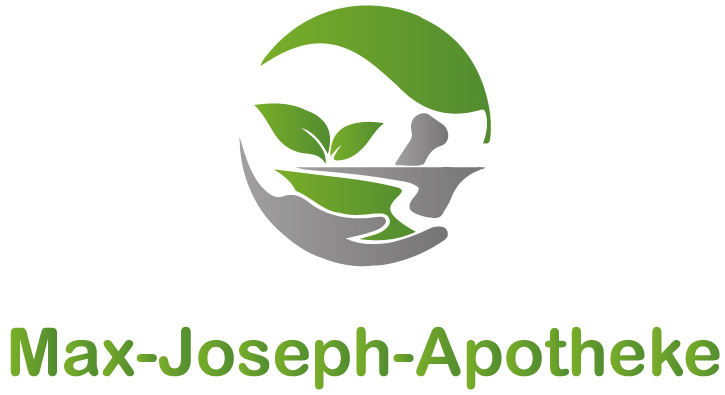 Ein Logo für eine Apotheke mit einer Hand, die einen Mörser und einen Stößel hält.