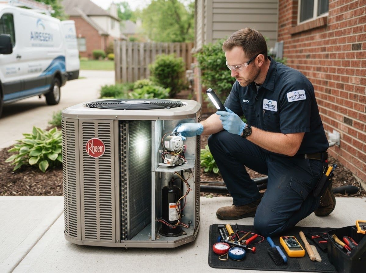 HVAC technician repairing an outdoor air conditioner unit beside a brick house with tools nearby