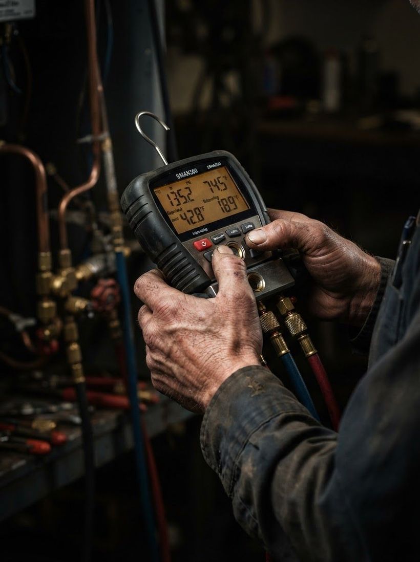 Hands using a digital gauge on industrial pipes in a dim workshop