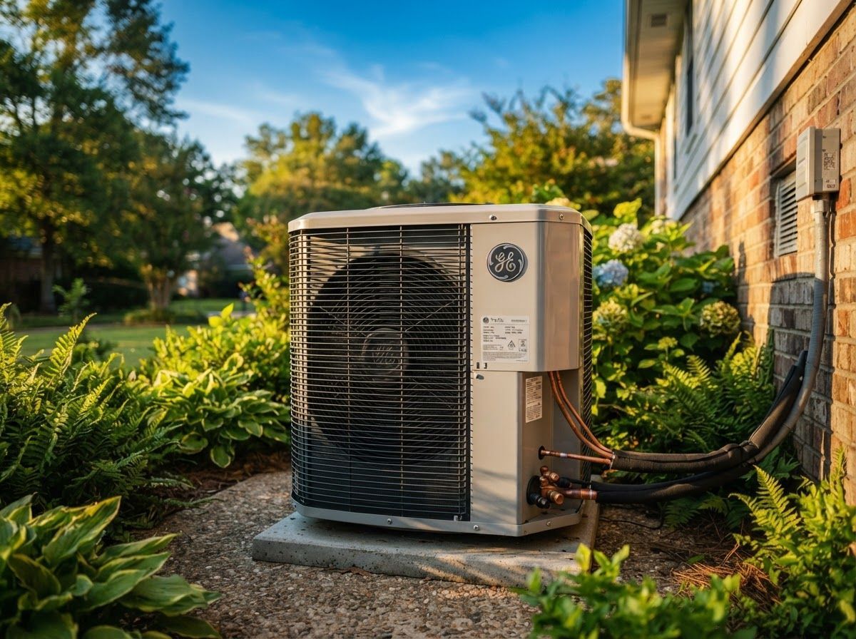 Outdoor HVAC unit beside a house, surrounded by greenery and sunlight