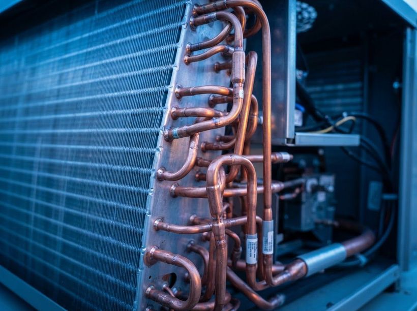 Copper HVAC pipes and coils inside a blue industrial cooling unit