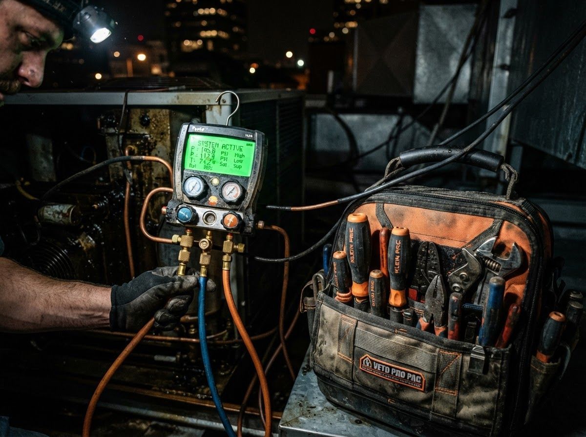 Technician using a multimeter to test electrical wiring beside a tool bag at night