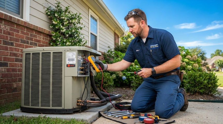 HVAC technician inspecting outdoor air conditioner with gauges beside a brick house