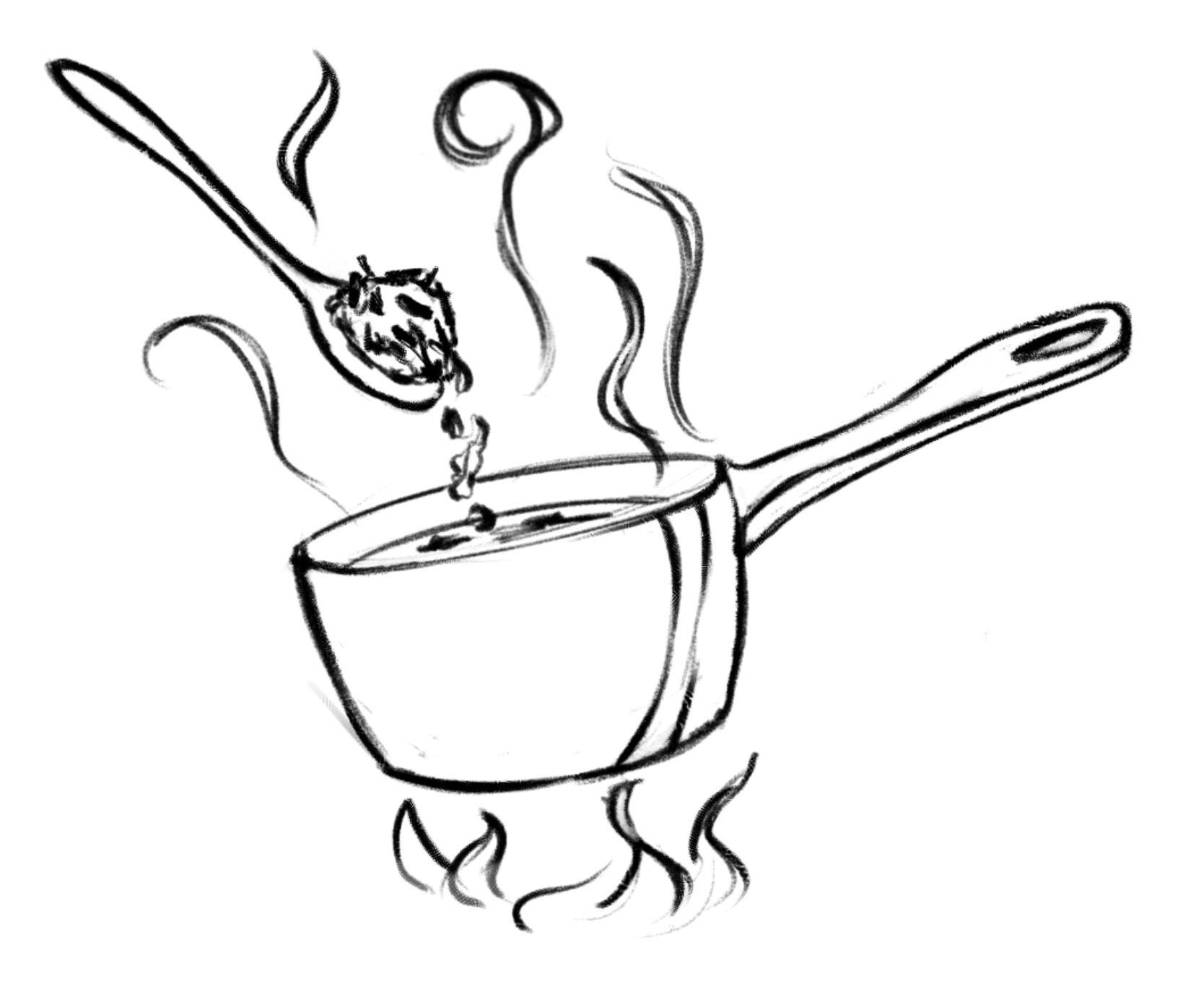 Black-and-white sketch of a steaming pot with spoon over a flame, as if cooking soup