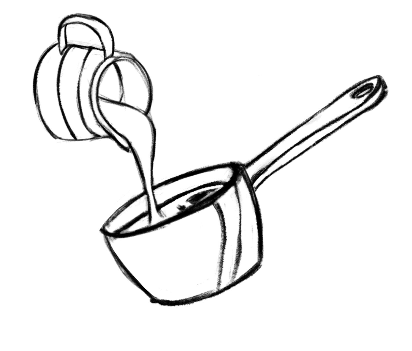 Black line drawing of a ladle pouring liquid into a saucepan with a long handle