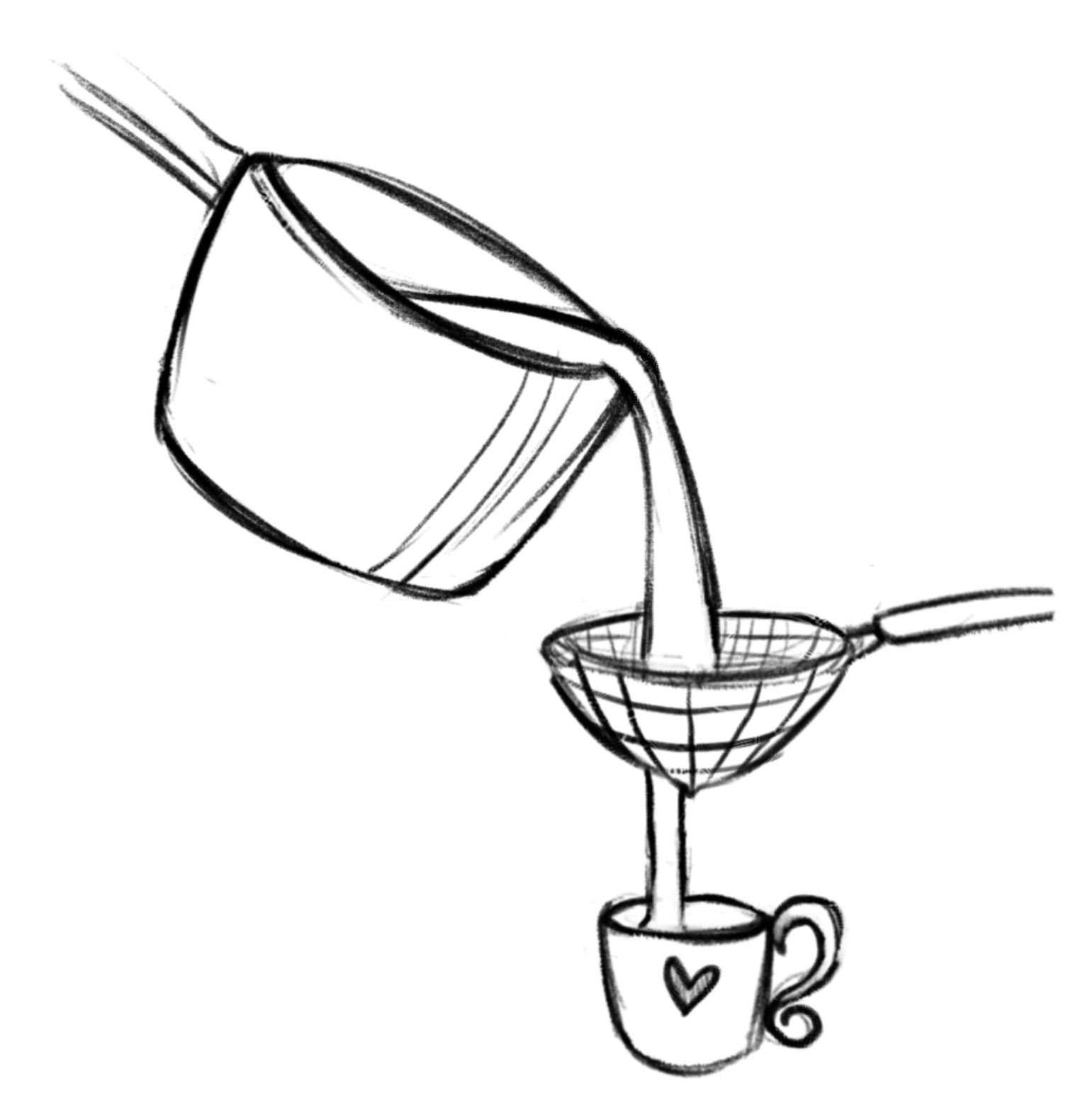 Coffee being poured from a pot through a filter into a mug with a heart on it