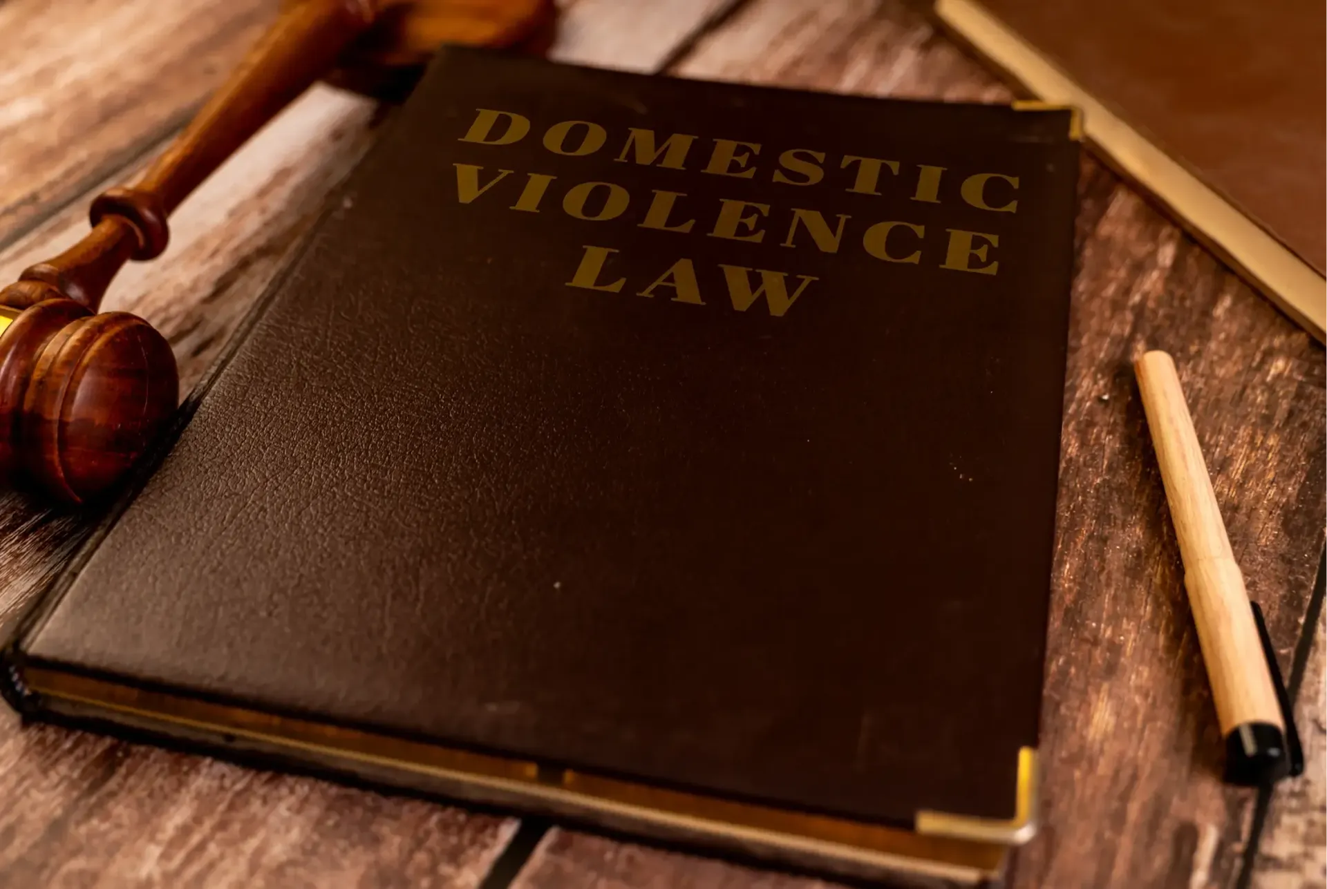 A brown book on a table with this remark on: Domestic Violence Law
