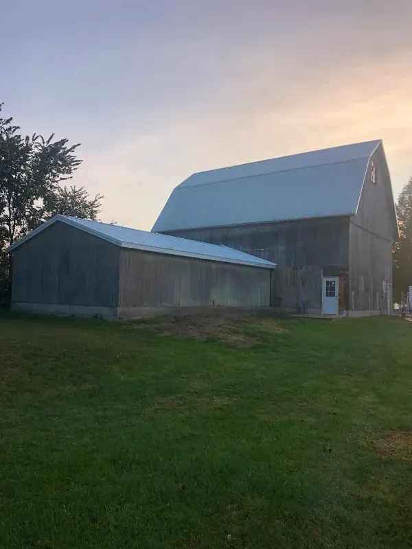 Gray barn and outbuilding on a grassy field at sunset
