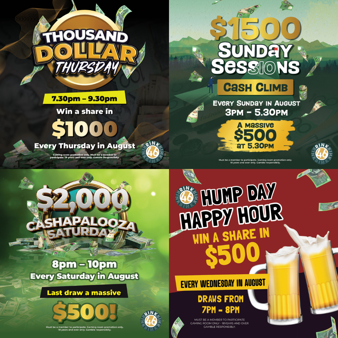 A collage of four posters for a cash dash event