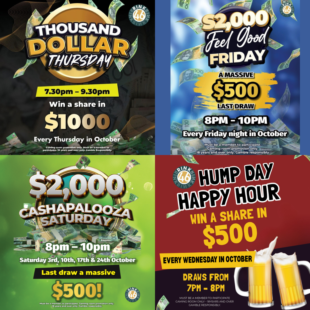 A collage of four posters for a cash dash event
