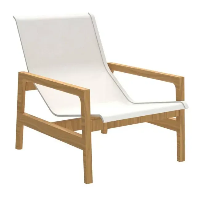 White sling chair with wooden frame, angled back and armrests.