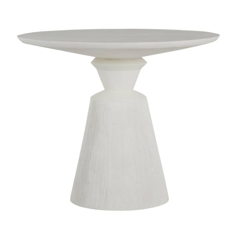 White, pedestal-style side table with a textured base and circular tabletop.