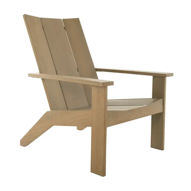 Light wooden Adirondack chair with slatted back and angled arms.