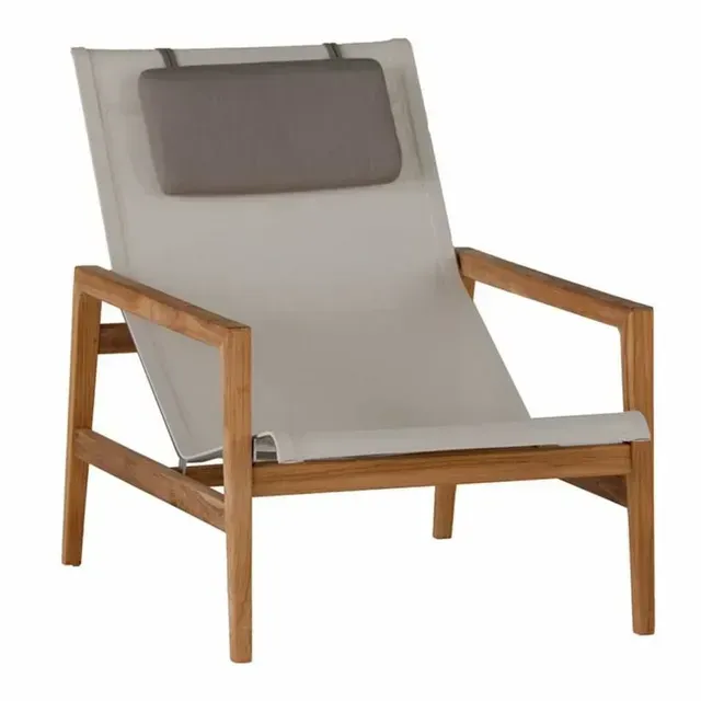 Wooden outdoor chair with gray canvas seat and headrest.