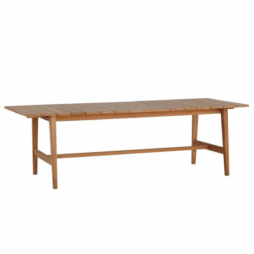 Wooden outdoor dining table with slatted top and angled legs.
