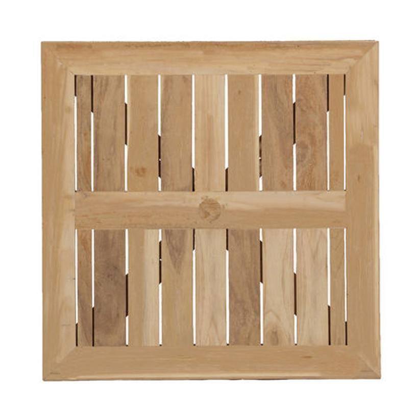 Wooden square patio table with slatted top.