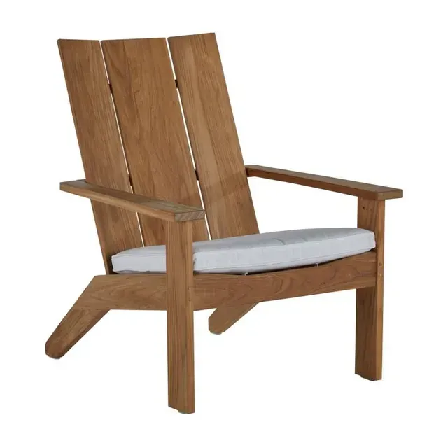 Wooden outdoor chair with white cushion.