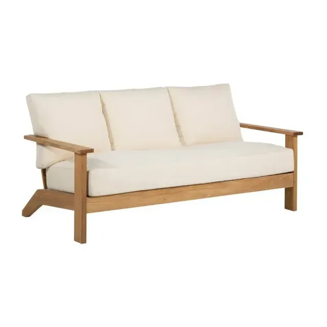 Wooden outdoor sofa with cream cushions.