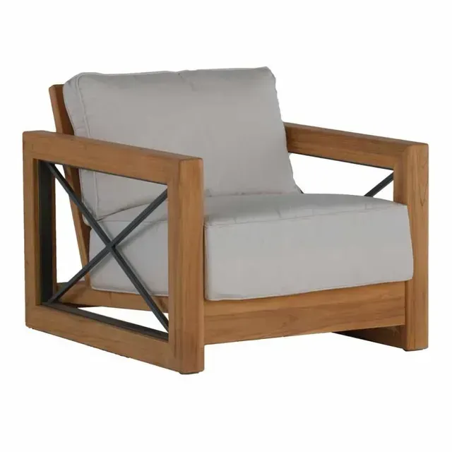 Wooden outdoor armchair with light gray cushions and metal accents.