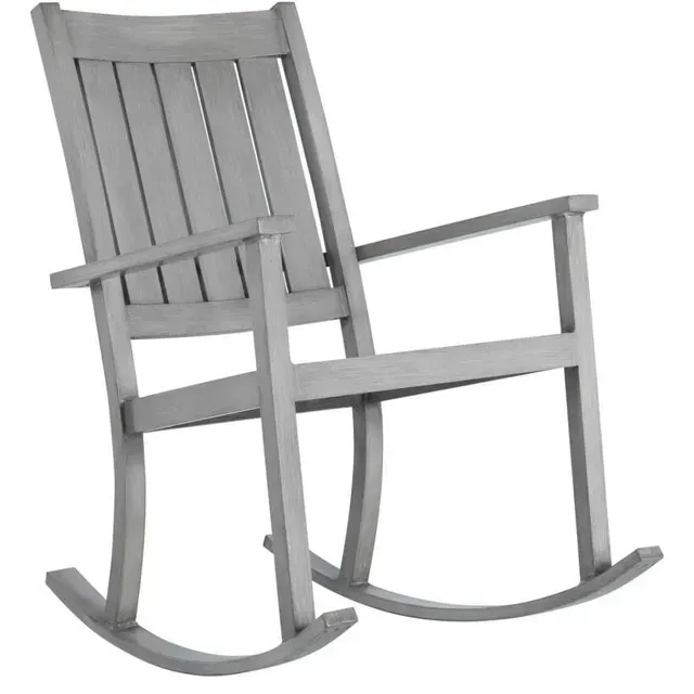 Gray wooden rocking chair, with a slatted back and armrests, on a white background.