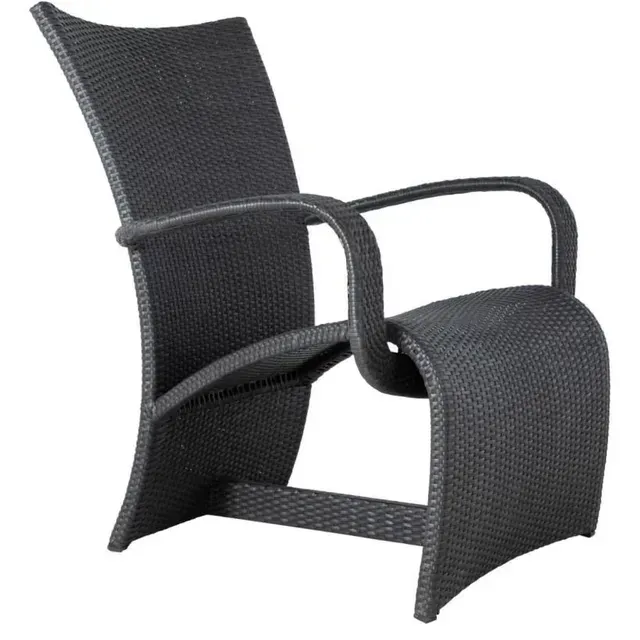 Charcoal gray wicker outdoor chair with curved back and arms.