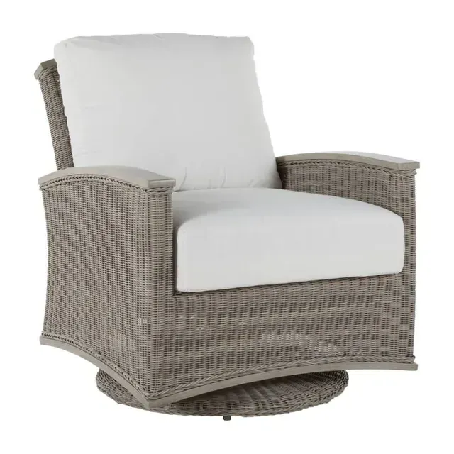 Gray wicker swivel outdoor chair with white cushions.