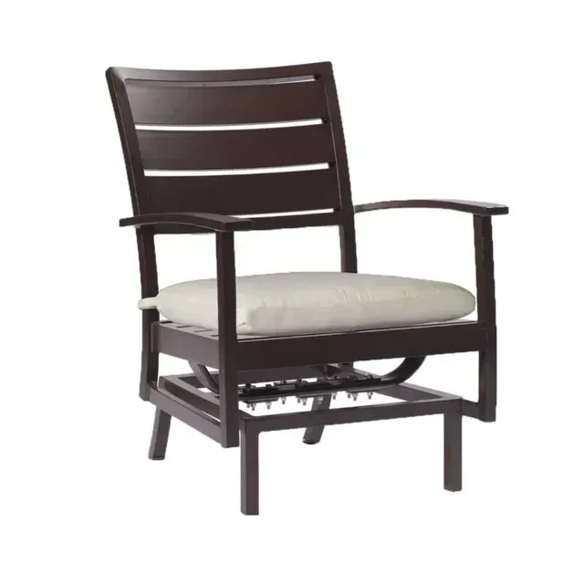 Brown outdoor glider chair with cream cushion.