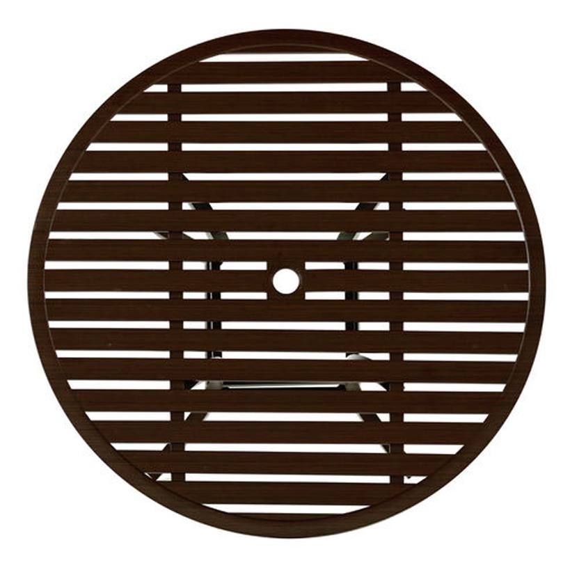 Brown, round outdoor table with slatted top and central hole, top view.