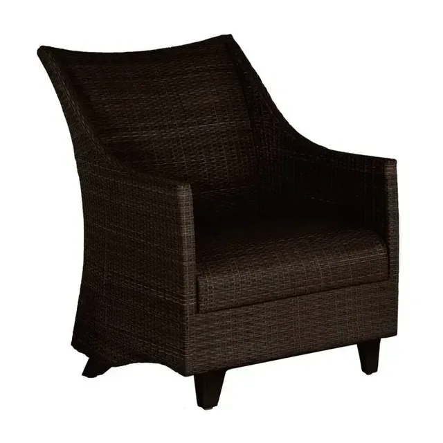 Dark brown wicker armchair with curved back and armrests.