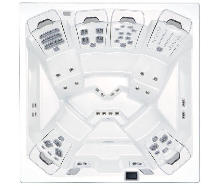 Overhead view of a white, square hot tub with multiple contoured seating areas and jet controls.