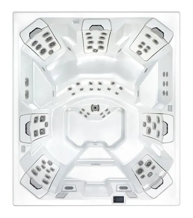 White, square hot tub with multiple seats and jets, viewed from above.