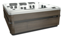 Hot tub with gray wood-look siding and light-colored interior, outdoors.