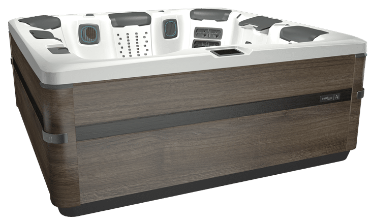 Hot tub with gray wood-grain exterior and white interior, seats visible, control panel.