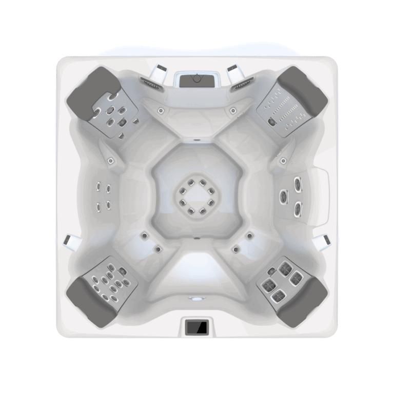 Overhead view of a square hot tub with seating for multiple people; gray and white.