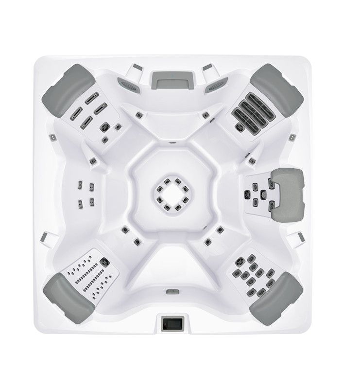 Overhead view of a white square hot tub with gray seating and jets.
