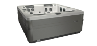 A rectangular hot tub with grey sides and light-colored interior.