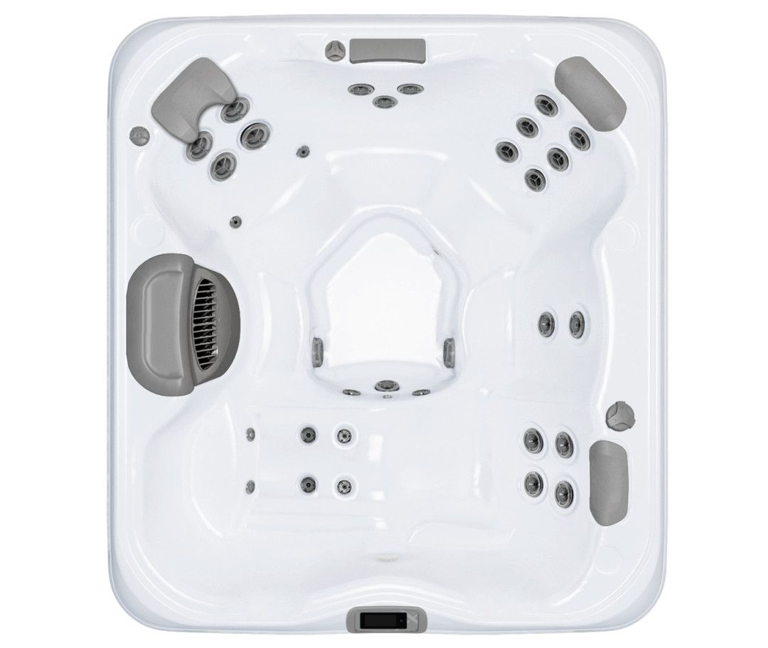 Top-down view of a white square hot tub with gray headrests and multiple jets, likely for relaxation.