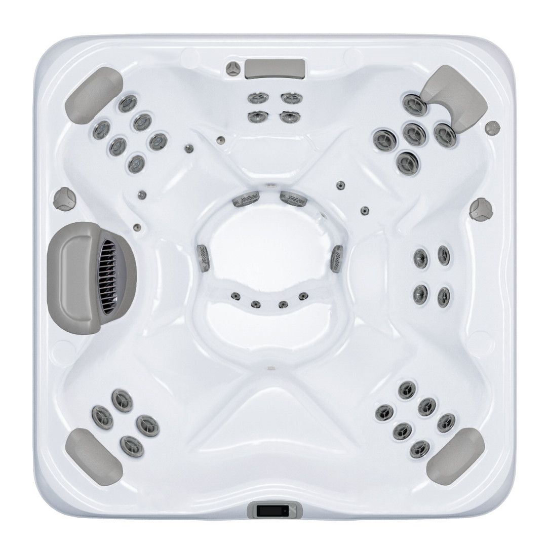 Top-down view of a white square hot tub with gray headrests and multiple jet configurations.