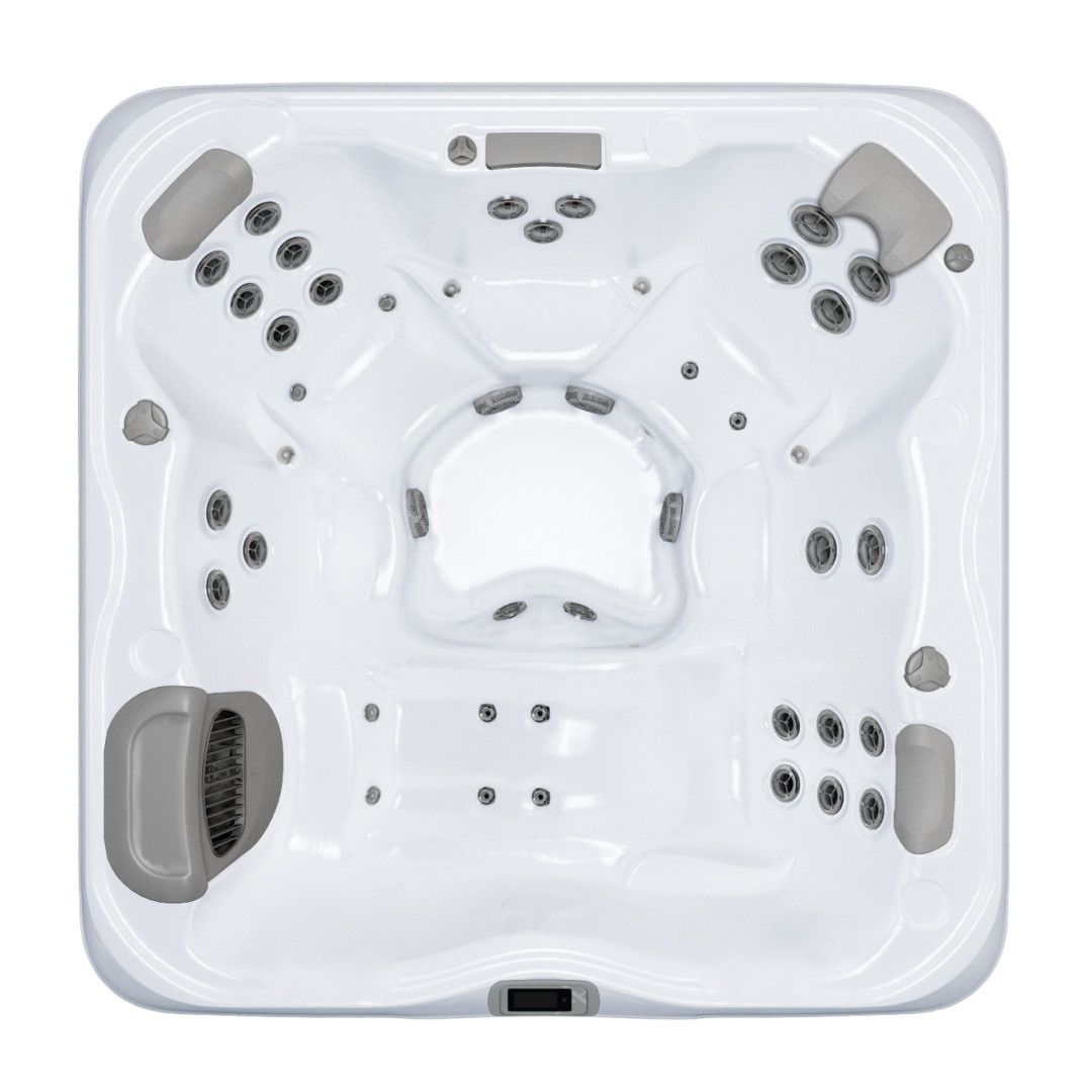 Overhead view of a white square hot tub with multiple jet placements and gray headrests.