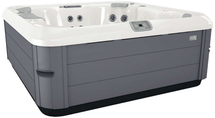 Grey and white rectangular hot tub with jets and control panel.